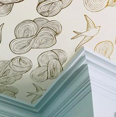 wallpaper on ceiling with baby blue crown molding
