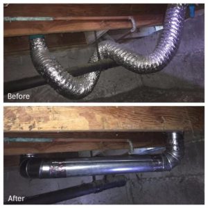 before image of flexible dryer vent and after image of rigid dryer vent dublin ohio