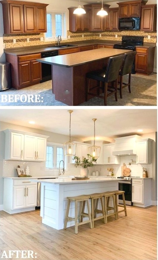 slight changes in cabinet color, updated handles, shiplap island paneling, and the kitchen looks 100% new